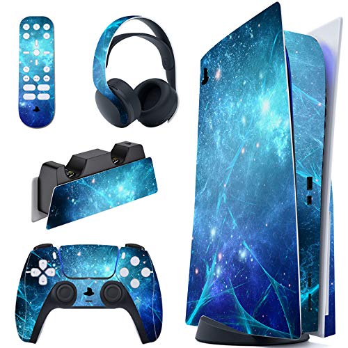 PlayVital Blue Nebula Full Set Skin Decal for ps5 Console Disc Edition, Sticker Vinyl Decal Cover for ps5 Controller & Charging Station & Headset & Media Remote