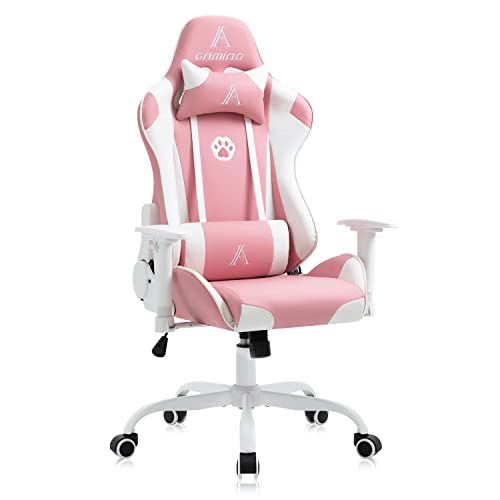 AJS Pink Gaming Chair, High Back Ergonomic Video Game Chair for Women, Adjustable PU Leather Computer Desk Chair, Racing Style Office Chair with Headrest and Lumbar Support