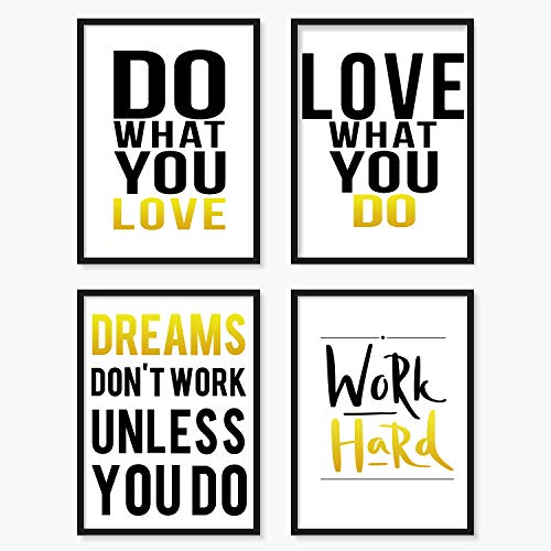 YUMKNOW Inspirational Wall Art for Bedroom – Motivational Posters for Office, Unframed Set of 4, 8×10, Positive Quotes for Teen Boy Girls Bedroom Bathroom, Pictures for Living Room Decor, Black Gold