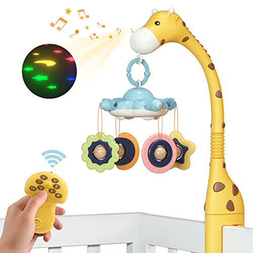 TUMAMA Remote Control Giraffe Baby Crib Mobiles with Projection Light and Music,Volume Up or Down,Piano and Natural Music,Auto-Sleep and Off,Mute Spin Motor,Bendable Tube Neck,Yellow