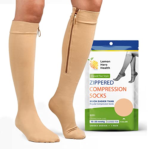 Zipper Compression Socks 15-20mmHg Closed Toe with Zip Guard Skin Protection – Medical Zippered Compression Socks for Men & Women – 3XL, Beige