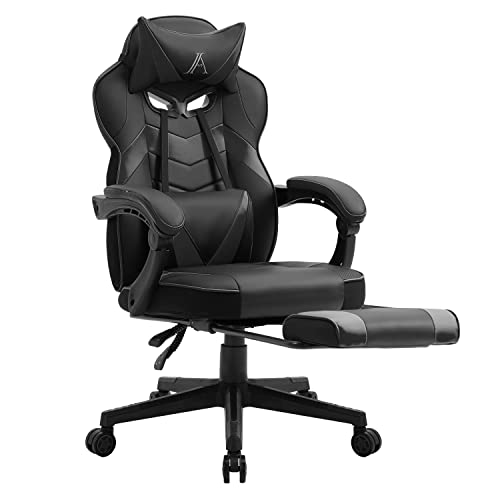 AJS Gaming Chair, Video Game Chair Ergonomic Task Racing Chair Adjustable Swivel PU Leather Office Chair, with Lumbar Support, Headrest, Padded Armrest and Retractable Footrest (Black)