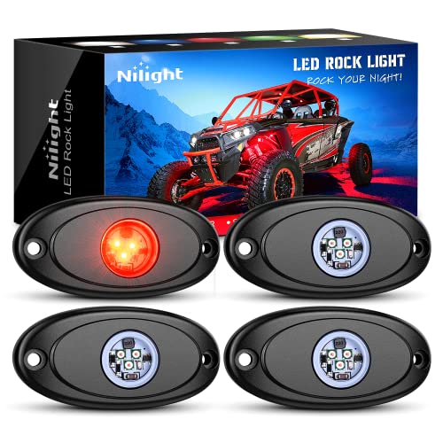 Nilight LED Rock Light 4PCS Red Light Pods Waterproof Under Body Wheel Well Light Exterior Interior Lights for Car Truck Pickups ATV UTV SUV Motorcycle Boat, 2 Years Warranty