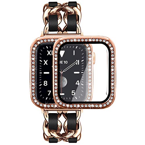 Mosonio Compatible for Apple Watch Band 44mm with Screen Protector Case Women, Jewelry Bracelet Metal Strap with 2-Pack Bling Case Cover for 44mm iWatch Series 6 5 4(Rose Gold Link with Black Leather)
