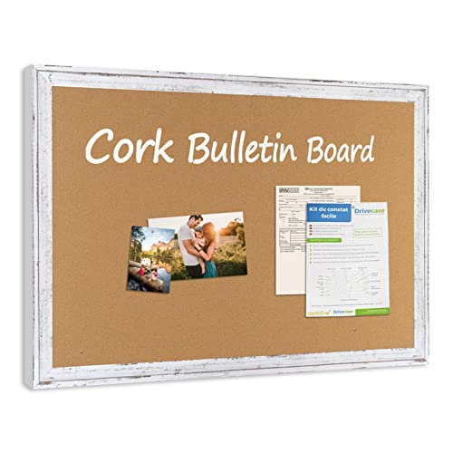 AMUSIGHT Cork Bulletin Board, Vintage Wooden Frame White, 36″ x 24″ Bulletin Board for Wall, Perfect for Home, School, Office Display Photo, Notes, 10 pins