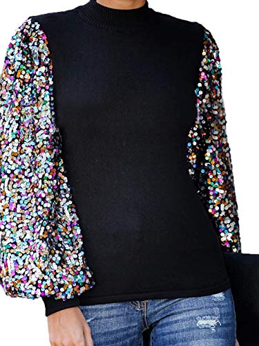 Anna-Kaci Women’s Confetti Sequin Balloon Long Sleeve Mock Neck Pullover Sweatshirt (Black, Large)