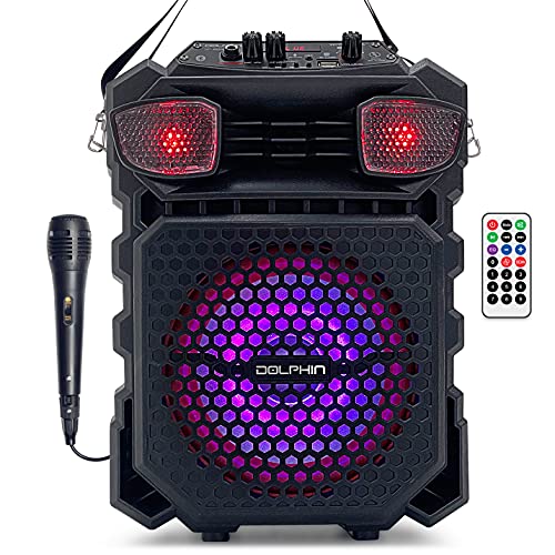 Dolphin Fun Bluetooth Party Speaker Great Small Karaoke Machine for Kids & Adults w/Included Microphone & Shoulder Strap & Lights