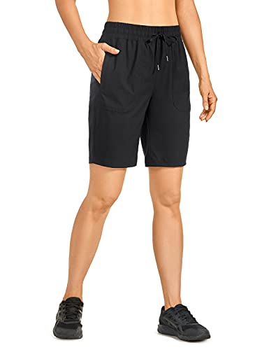CRZ YOGA Women’s High Waisted Bermuda Hiking Shorts 9” – Quick Dry Knee Length Athletic Golf Outdoor Shorts Pockets Black Small