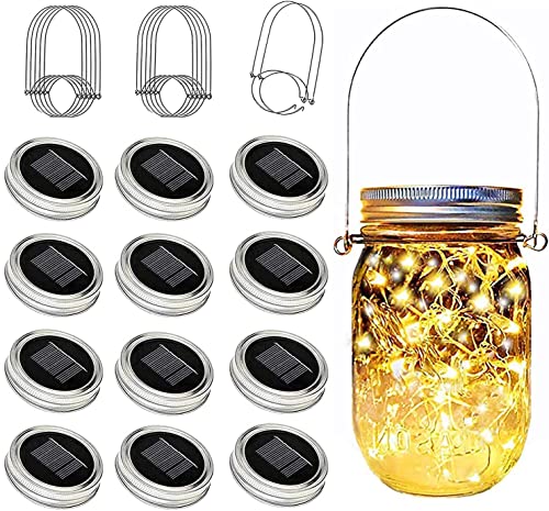 ZNYCYE Solar Mason Jar Lights,12 Pack 30 Led Mason Fairy Jar Lids Lights with Hanger (Jars Not Included) Best for Outdoor Halloween Decor for Patio Garden Yard Lawn Garden (Warm White)