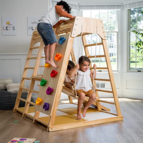Avenlur Magnolia Indoor Playground 6-in-1 Jungle Gym Montessori Waldorf Style Wooden Climber Playset Slide, Rock Climbing Wall, Rope Wall Climber, Monkey Bars, Swing for Toddlers, Children Kids 2-6yrs