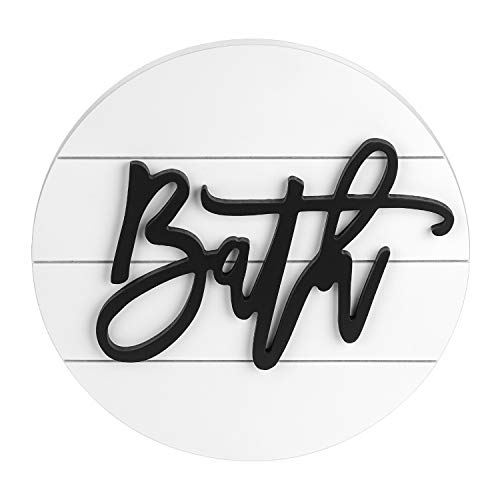 Modern Rustic 3D Bath Sign,Shiplap Farmhouse Bathroom Round Sign for Wall Hanging Decor, Handcrafted “Bath” Sign Home Wooden Sign (White)