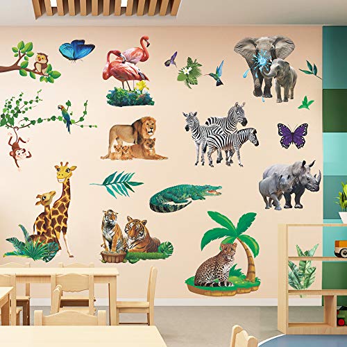 RW-1011 3D Jungle Animal Wall Decals Wild Safari Animal Wall Stickers Peel and Stick DIY Removable Animal Wall Art Decor for Kids Babys Bedroom Bathroom Living Room Nursery Wall Decoration