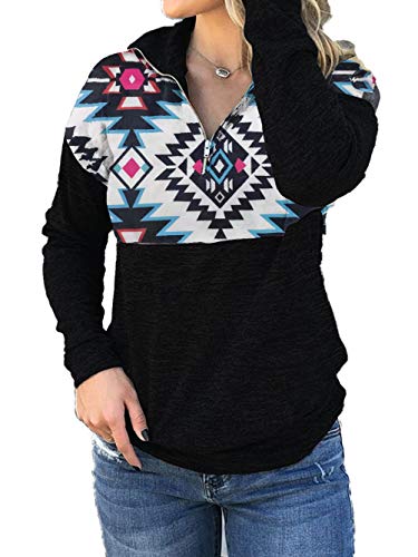 Voopptaw Women Autumn Winter Stand Neck Color Block Pullover Sweatshirts Tops Casual Aztec Printed Patchwork Blouses with Pockets White Small