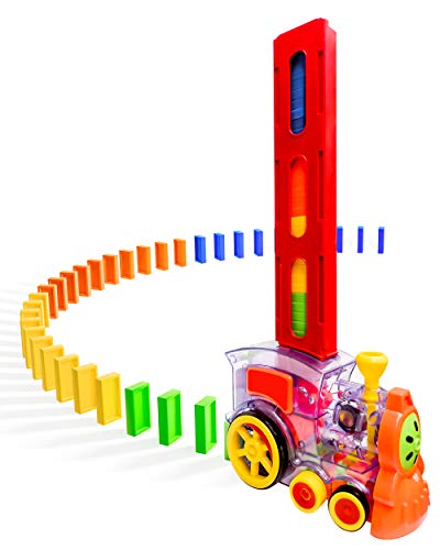 POPUTOY Domino Train, 80 Pcs Domino Blocks Set Plastic Kids Domino Construction 4 Color Children Creative Toy Game Educational Play for 3-12 Year Old Boys and Girls
