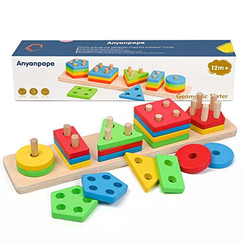 Ayanpape Wooden Educational Toddler Toys for Boys Girls Age 3 4 5 6 and Up, Shape Color Recognition Preschool Stack and Sort Geometric Board Blocks for Kids Travel Toy, Non-Toxic