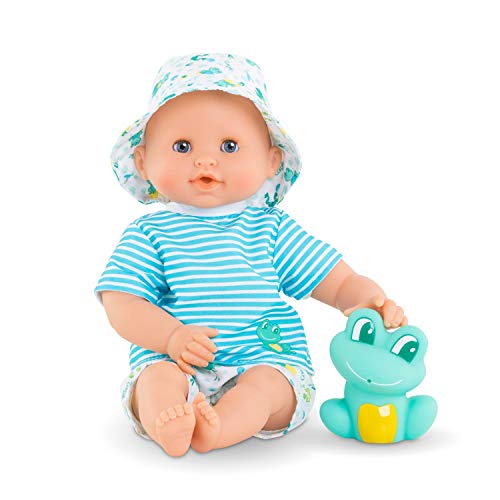 Corolle Bebe Bath Marin – 12” Boy Baby Doll with Rubber Frog Toy, Safe for Water Play in The Bathtub or Pool, Poseable Soft Body with Vanilla Scent, for Kids Ages 18 Months and Up, Aqua