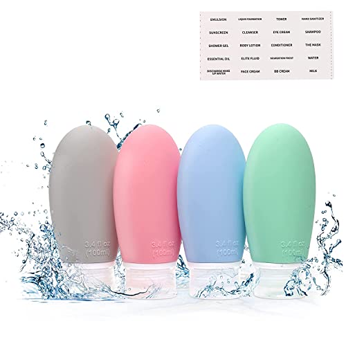 Travel Bottles 3.4 oz TSA Approved Silicone BPA Free Refillable Squeeze Accessories Containers with Labels for Toiletries Shampoo Lotion Cosmetic Conditioner,Travel Size Bottles(4 Pack Mix Color)