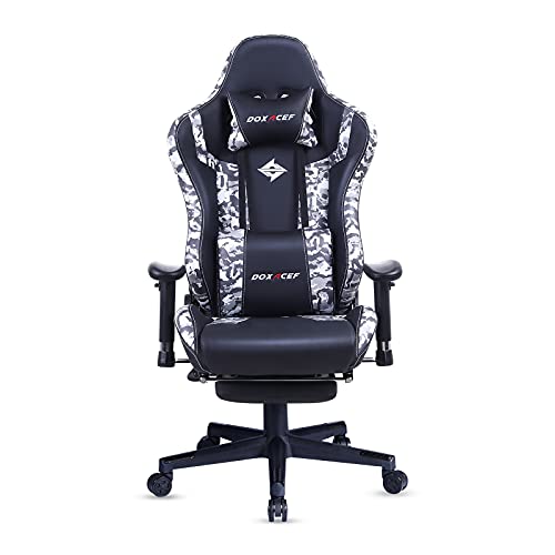 DOXACEF Gaming Chair with Footrest Ergonomic Massage Adjustable Reclining Game Chair Large Size Swivel Reclining Computer Racing Style Home Office Chair with Headrest and Lumbar Pillow (White Camo)