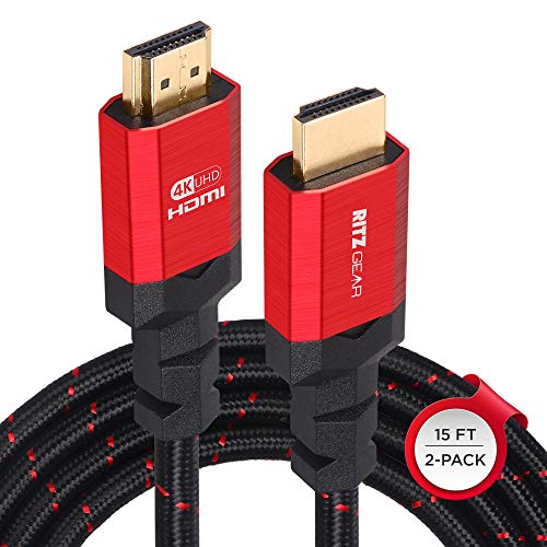 4K HDMI 2.0 Cable 15 ft. [2 Pack] by RitzGear. 18 Gbps Ultra High Speed Braided Nylon Cord & Gold Connectors – 4K@60Hz/UHD/3D/2160p/1080p/ARC & Ethernet. Compatible with UHD TV/Monitor/PC/PS5/Xbox