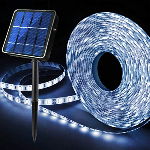 Upgraded Solar LED Strip Lights,180 LED 19.6FT Bright White Balcony Lights Solar Powered,8 Lighting Modes Waterproof Outdoor Lights for Christmas Terrace, Balcony, Stairs, Chicken Coop, Pergola Decor
