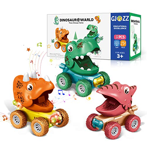 Dinosaur Toys for 2-5 Year Old Boys, Flashing Lights and Dino Roar Music Toys for 3 Year Old Boy, 3pcs Dinosaurs Pull Back Cars, Monster Trucks Christmas Birthday Gifts for Kids Age 2,4,5 – Colorful