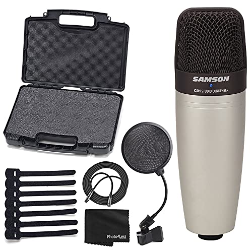Samson C01 Studio Condenser Mic + Pop Filter + Mic Cable + Hook-&-Loop Cable Tie + Cleaning Cloth – Deluxe Microphone Bundle