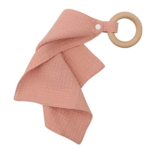 Baney Security Blanket Lovey | Muslin Cotton Organic Wood Ring | Soothing Blankie | Infant Baby Toddler Toy (Rose)