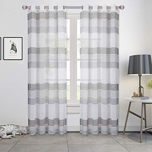 Haperlare Stripe Sheer Curtains Grey Farmhouse Splicing Faux Linen Textured Voile Drapes Home Decor Yarn Dyed Boucle Window Treatment Set Panels for Living Room Bedroom, 52″ W x 63″ L, 2 Panels