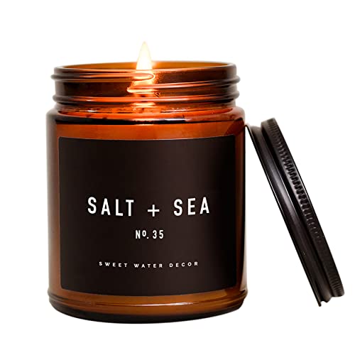Sweet Water Decor Salt and Sea Candle | Citrus, Amber, Summer Scented Soy Candles for Home | 9oz Amber Jar, 40 Hour Burn Time, Made in the USA