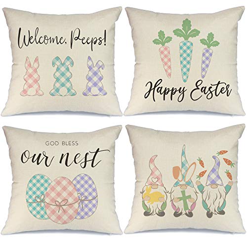 AENEY Easter Pillow Covers 18×18 Set of 4 Easter Decor for Home Happy Easter Bunny Easter Eggs Carrots Gnomes Easter Pillows Decorative Throw Pillows Farmhouse Easter Decorations A340-18