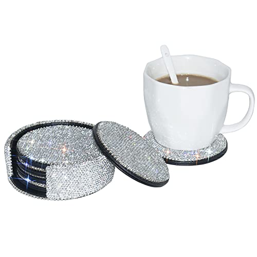 Coasters for Drinks Coffee Tea Cup Pads Table Mat with Coaster Holder for Home,Office,Kitchen,Bar,Bling Crystal Luxury Handmade Diamond (Set of 6) (White&AB Color)