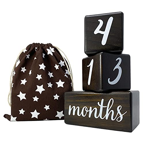 Natural Baby Milestone Blocks for Boy or Girl – Dark Brown Pine Wood with Weeks Months Years Grade – Milestones Age Block Set + Bag, Newborn Weekly Monthly First Year Picture Props, Baby Gift