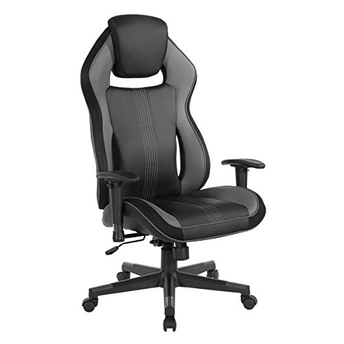 OSP Home Furnishings BOA II Ergonomic Adjustable High Back Gaming Chair with Thick Padded Coil Spring Seat, Built-in Lumbar Support and Headrest, Black with Grey Accents