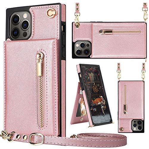 HOGGU Compatible with iPhone 12 Pro Max Wallet Case Crossbody Leather Case with Card Holder,Zipper Purse,Kickstand,Removable Shoulder Strap,Square Corners Case Protective Back Cover 6.7 inch-Rose Gold