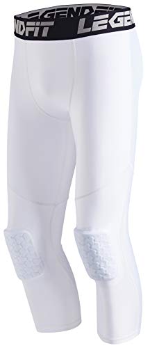 Legendfit Men’s Basketball Pants with Knee Pads 3/4 Capri Padded Compression Tights Leggings Sports Protector Gear White
