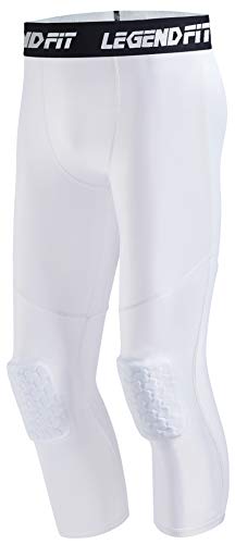 Legendfit Youth Boys Basketball Compression Pants with Knee Pads 3/4 Capri Padded Sport Tights Athletic Workout Leggings White