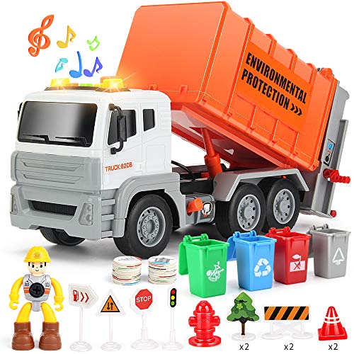 LOVE LIFE 12″ Garbage Truck Toys Trash Truck Dump Truck with 4 Garbage Cans, Friction Powered Truck with Sound and Light ,Push and Go Pull Back Car for Boys