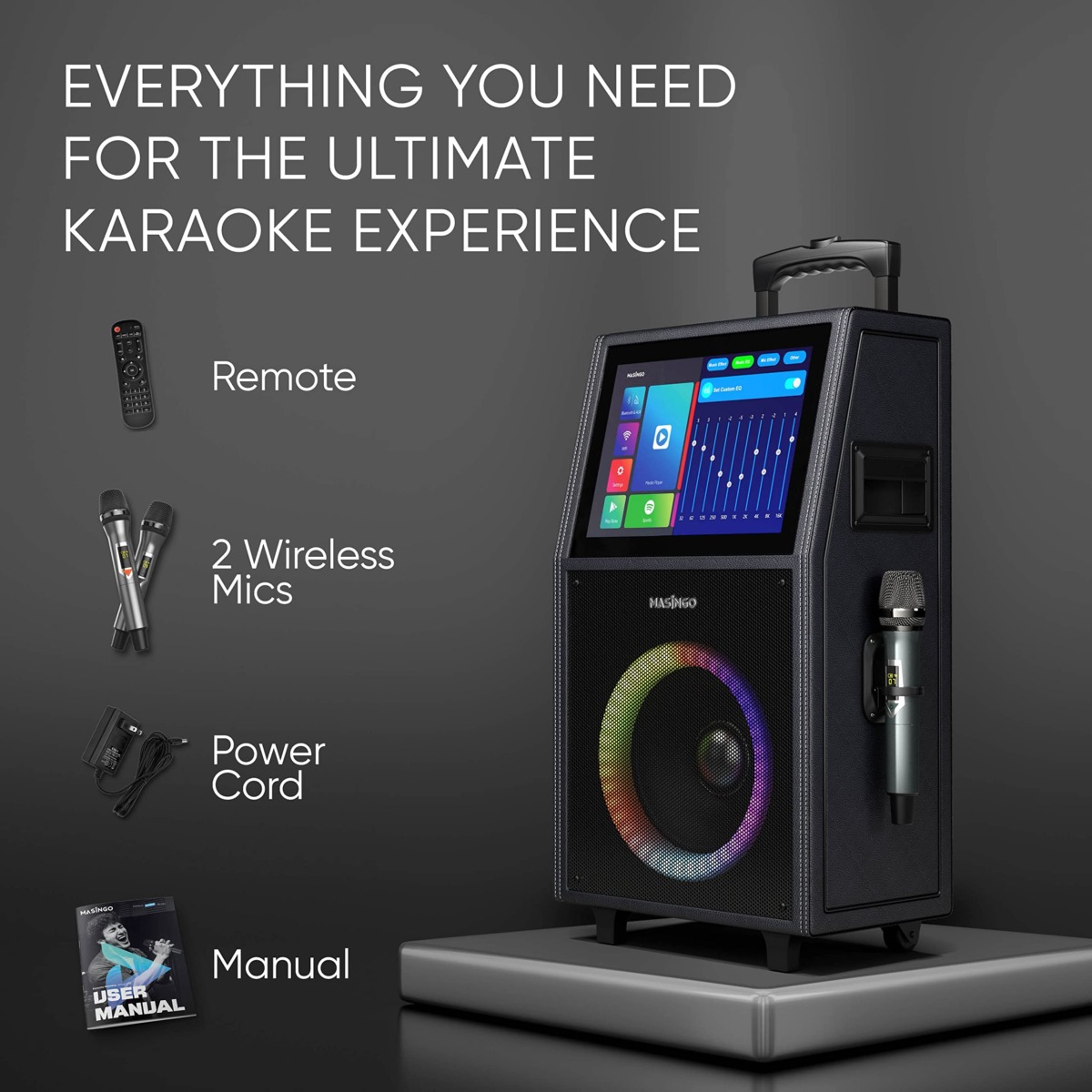 MASINGO 2023 Professional Karaoke Machine with Lyrics Display Screen + 2 Wireless Microphones – Bluetooth Portable PA Speaker System with Built-in 15″ Tablet & WiFi – Best Gift for Adults and Kids | The Storepaperoomates Retail Market - Fast Affordable Shopping