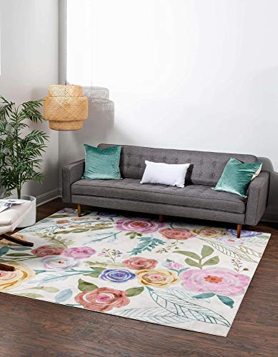 Unique Loom Blossom Collection Contemporary Floral Ivory/Green Square Rug (7′ 10 x 7′ 10)