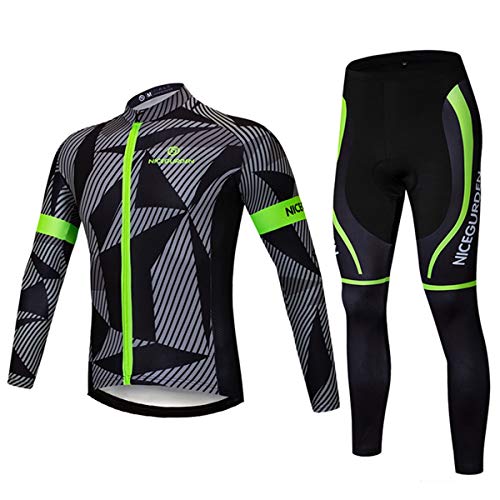 NICEGURDEN Men’s Long Sleeve Jersey Cycling Suits Set Shirt Padded Pants, Sports Mountain Bike Wear Breathable Slim Clothing (XXXL, Green)