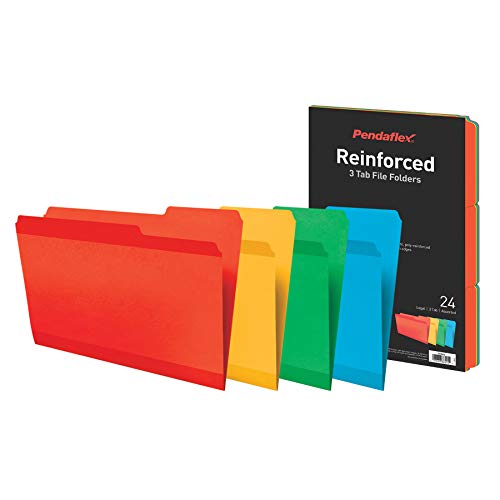 Pendaflex Reinforced File Folders, Extra Durable, Poly Reinforced Edges, Assorted Colors, Legal Size, 1/3 Cut Tabs, 24 Per Pack (86244)