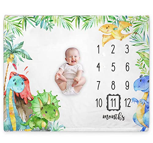 Popfavors Dinosaur Baby Monthly Milestone Blanket, Dinosaur Baby Growth Chart Milestone Blanket, Newborn Month Blanket for Boy & Girl, Includes Marker (50″x40″)