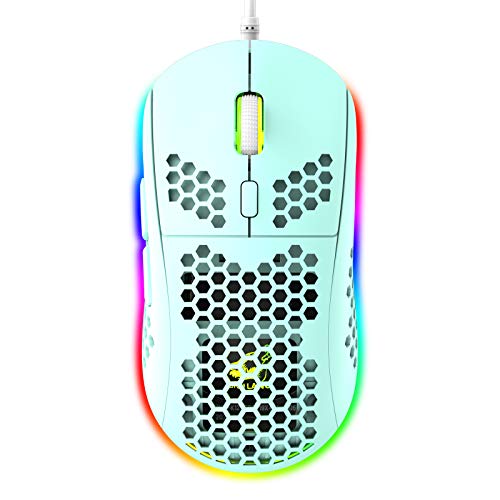 Lightweight Gaming Mouse with Ergonomic Honeycomb Shell 6 RGB Backlight Mode 7 Button Programmable Driver Adjustable 6400 DPI Optical Sensor Wired Ultraweave USB Cable for PC MAC Computer Gamer(Green)