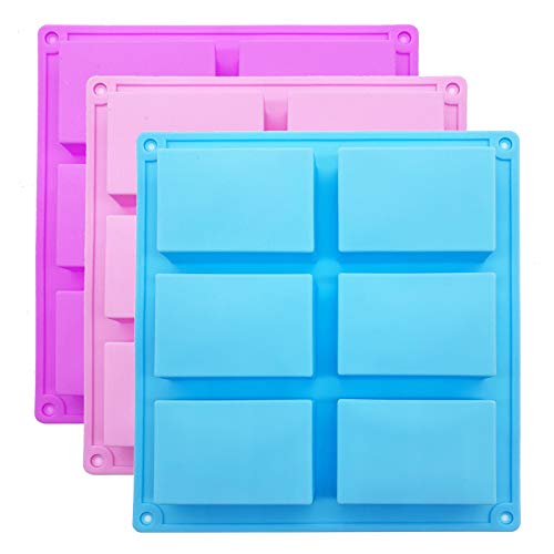 Silicone Soap Molds,6 Cavities Rectangle Silicone Molds for Homemade Craft Soap Mold, Cake Mold, Chocolate Mold ＆ Ice Cube Tray -Molds Set of 3(Blue & Purple& Pink).