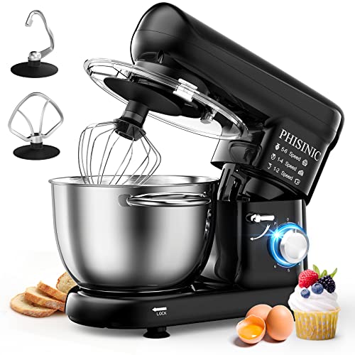 PHISINIC Stand Mixer, 5.8-QT 660W Electric Kitchen Mixer, 6-Speed Tilt-Head Household Stand Mixer, Kitchen Food Mixer with Dough Hook, Wire Whip and Beater, for Baking, Cake, Cookie, Kneading (Black)