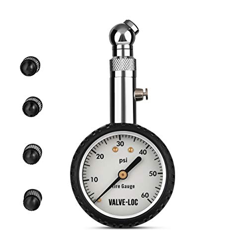 Valve-Loc Tire Pressure Gauge 10-60 PSI | Heavy-Duty Chrome Metal Head, Glow in The Dark Faceplate, Measurement Tool for Cars, Trucks, RVs and Bicycles, Includes 4 Black Stem Caps