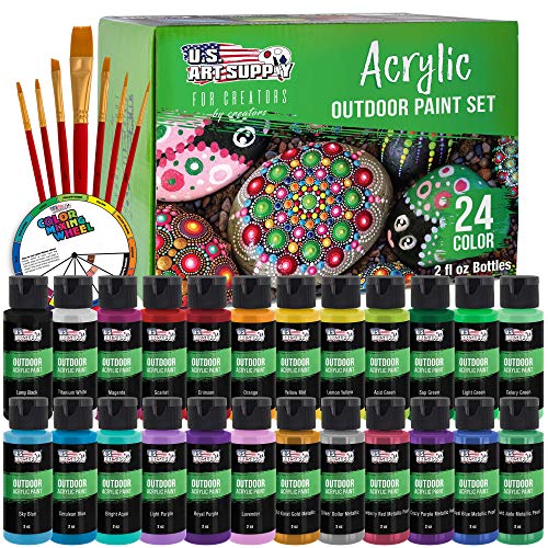U.S. Art Supply Professional 24 Color Set of Outdoor Acrylic Paint in 2 Ounce Bottles, Plus a 7-Piece Brush Kit – Vivid Colors for Artists, Students – Use on Canvas, Rocks, Kids’ Wood Crafts, and Toys