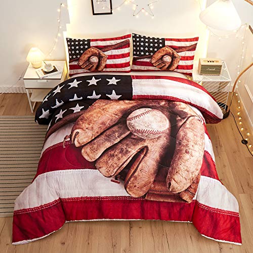 Namoxpa Baseball American Flag Comforter Sets,Baseball Bat and Ball on Foreground of Star-Spangled Banner National Sports,Decorative 3 Piece Bedding Comforter Sets with 2 Pillow Shams,Twin Size
