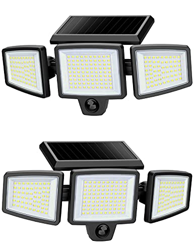 Outdoor Solar Powered Flood Lights with Movement Detection, 210 LED 2500LM 6500K, IP65 All-Weather Resistance, 3 Adjustable Heads, 270° Wide Angle, Light for Garage Patio Porch Garden Yard – 2 Pcs