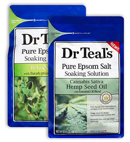 Dr Teal’s Epsom Salt Bath Combo Pack (6 lbs Total), Relax & Relief with Eucalyptus & Spearmint, and Hemp Seed Oil